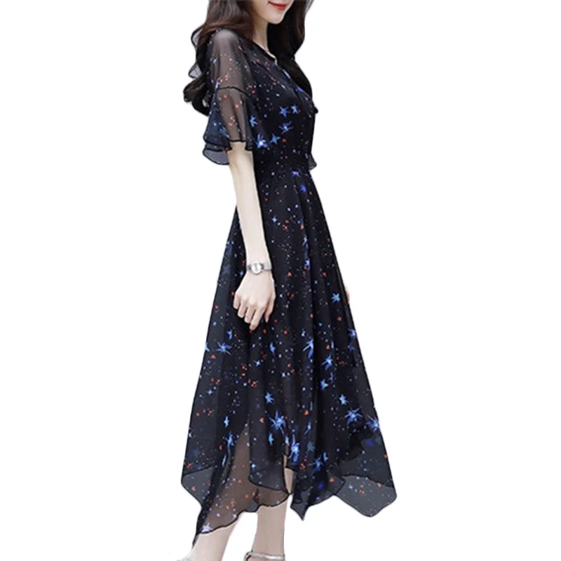 

New Summer Slim Long Dress Women sleeve irregular Printed Dresses Women's High waist V-neck Casual Chiffon Dresses F343
