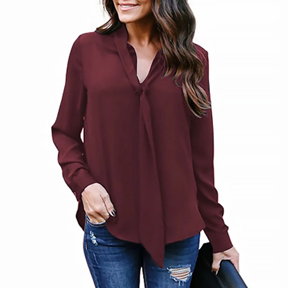 Для женщин Дамы v образным вырезом свободные Fabala рубашка шифон с длинным рукавом