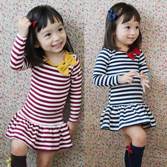 Hot Selling Kids Baby Girls Dress Long Sleeve Stripe Bow Tutu Dresses Party Costume Clothes | Детская одежда и обувь