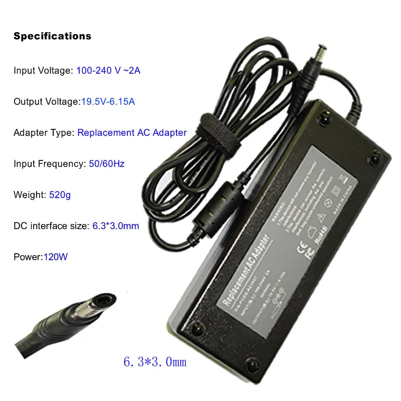 120W 19 5 V 6.15A 6 3*3 0 мм Замена для Lenovo IdeaPad Y470 Y460P Y570 A300 A700 C305 C300 C320 AC зарядное устройство
