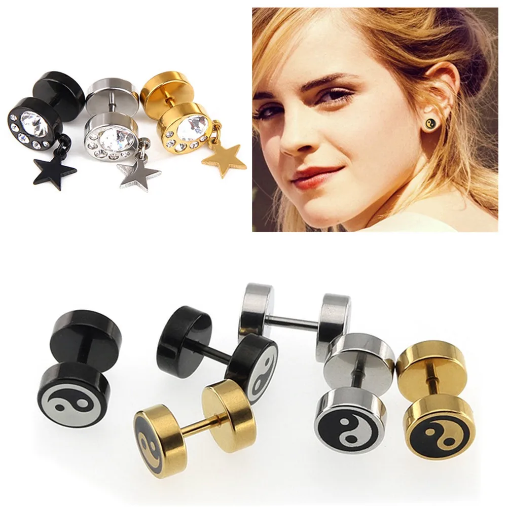 

2pcs Geometric Pattern Screw Dumbbell Star Pendant Ear Plugs Barbell Ear Piercing Jewelry Hypoallergenic 16G Titanium Steel