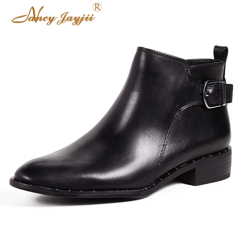 

Nancyjayjii Black Leather Buckle Side Zipper Women’S Ankle Boots Med Chunky Block Heels 2021 Winter Short Booties Female Shoes