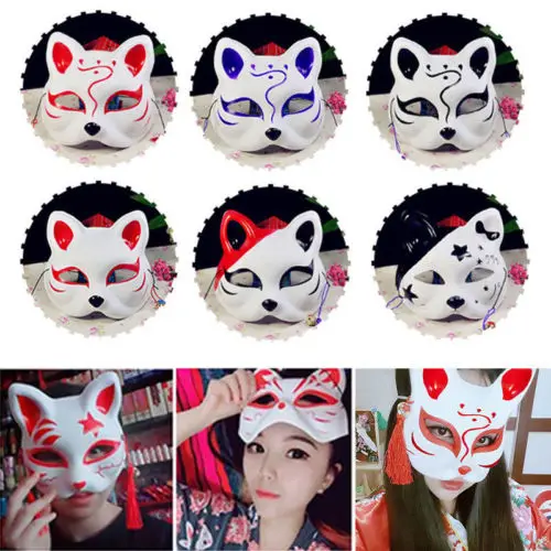 Маска из лисы на половину лица японское аниме ручная роспись Kitsune Хэллоуин