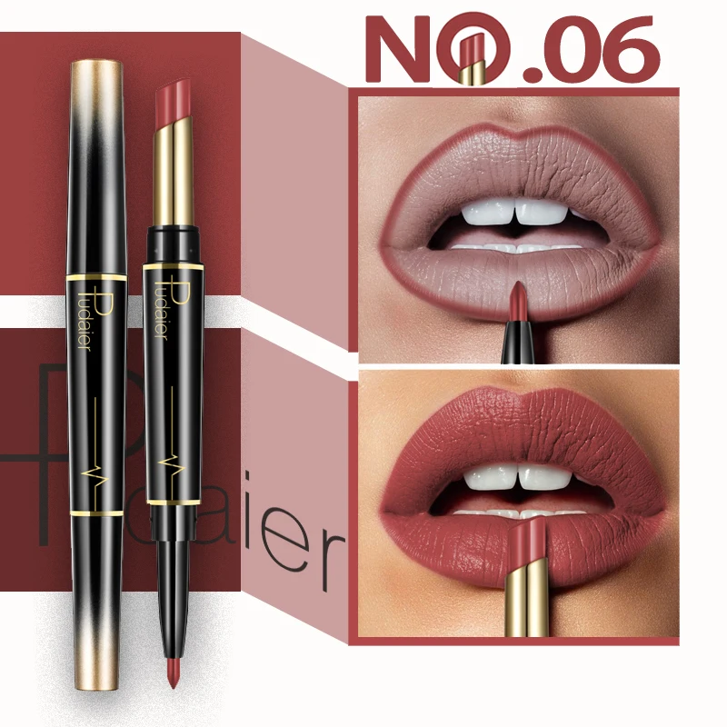 Color 06 Pudaier, 1 шт., 16 цветов, двойная головка, модный карандаш для губной помады, водостойкий макияж, полуматовый карандаш для губ, бархатные Жидкие помады - Цвет: Color 06