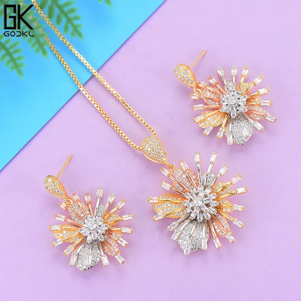 Tricolor Set Godki роскошный комплект из колье и сережек, кубические циркониевые кристаллы цветок комплекты украшений для женщин, Свадебный комплект ювелирных изделий для невесты в Дубае - Окраска металла: Tricolor Set