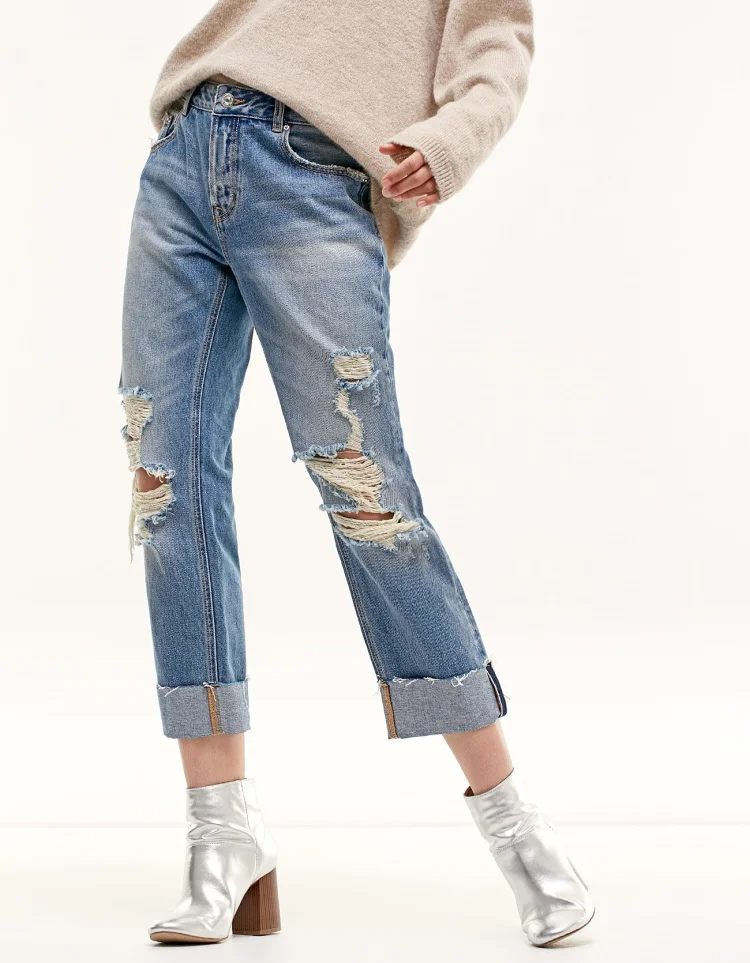 Новинка 2017 стильные женские укороченные брюки бойфренды Wishbop Прямые рваные