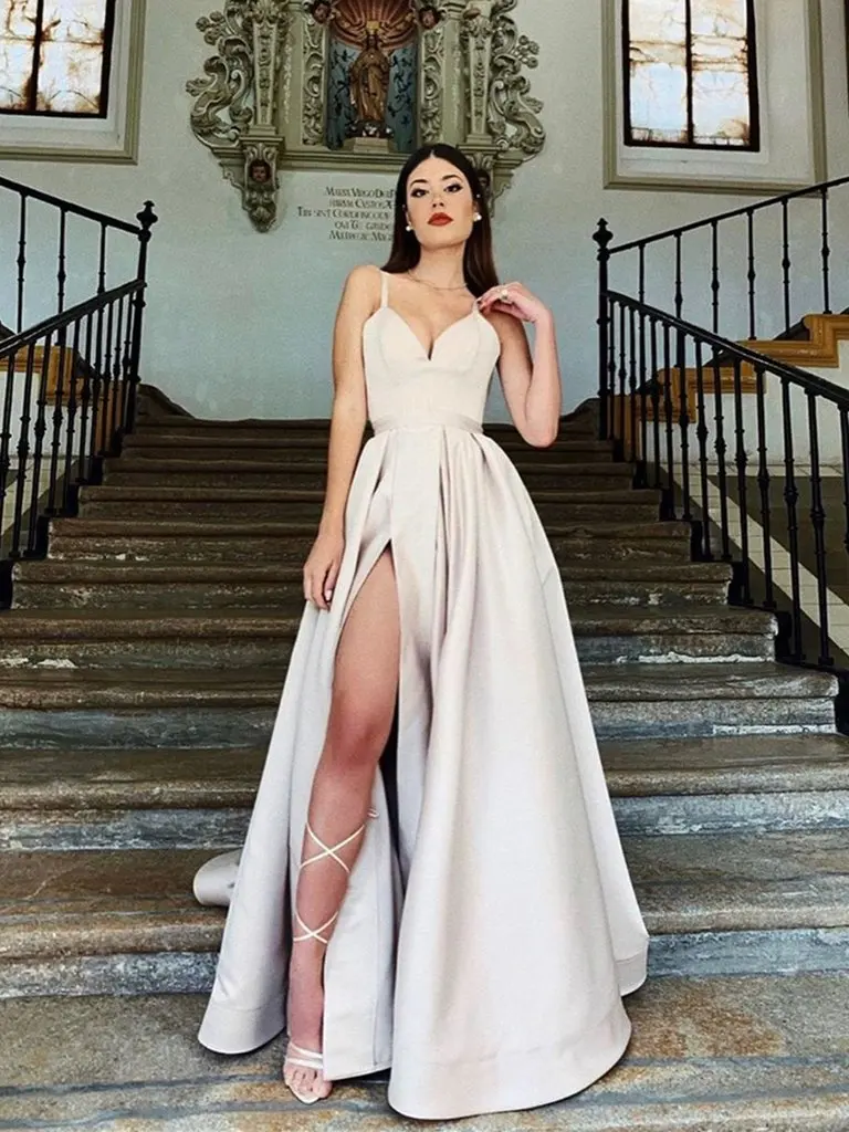 same as photo Милое длинное платье для выпускного вечера цвета шампанского с высоким разрезом, атласное длинное вечернее платье в пол - Цвет: same as photo