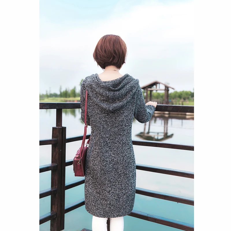 Женский свитер с капюшоном длинный вязаный Свободный кардиган большого размера