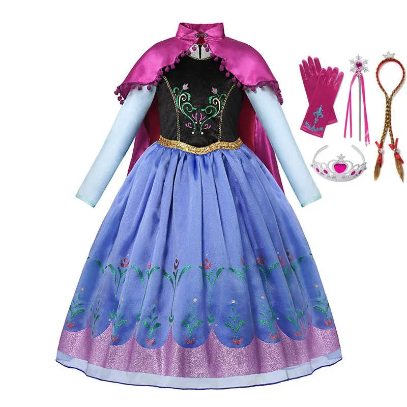 Anna Dress Set 02 VOGUEON Deluxe Girls Anna Princess Costume Snow Queen Elsa Anna Dress Up Halloween Kids Cosplay Pageant Party Fancy Long Dress - Color: Anna Dress Set 02