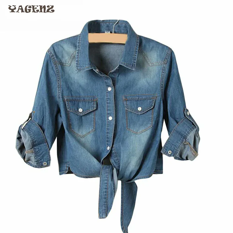 Женская короткая джинсовая рубашка Повседневная Облегающая из чистого хлопка с