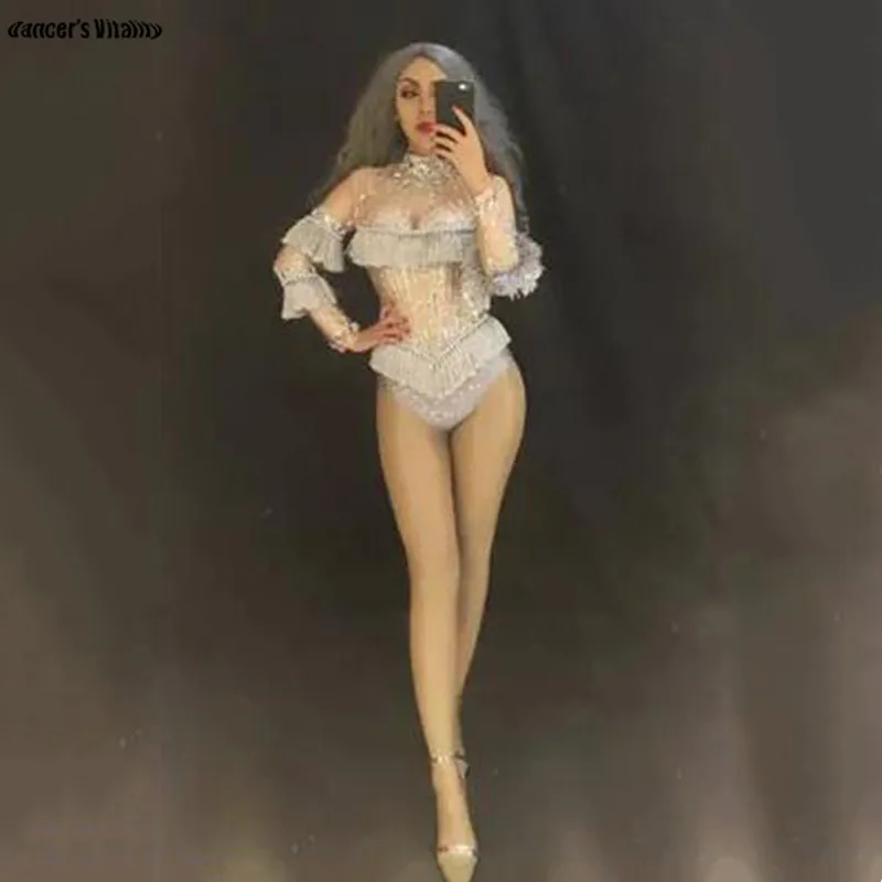 Женский костюм новинка комбинезон блестящий камень бахрома Высокая Вилка