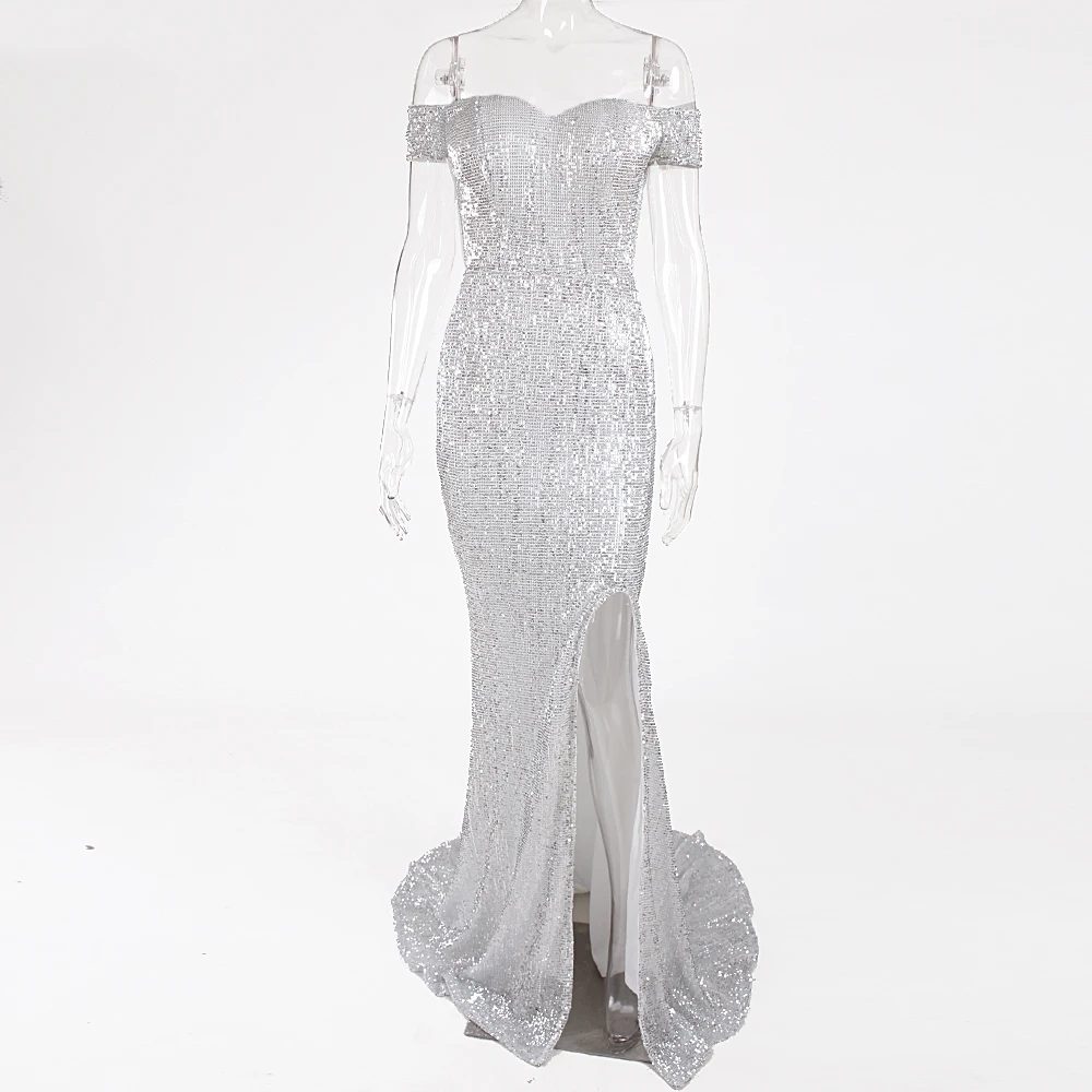 Женское облегающее платье Русалочка с вырезом лодочкой и серебряными блестками