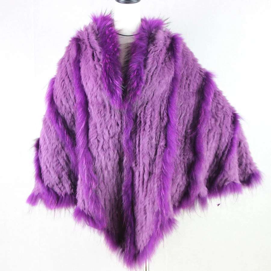 2021 Hot Sale Real Knitted Rabbit Fur And Raccoon Dog Fur Poncho With a Hood Fashion Women Rabbit Fur Shawl Fur Coat