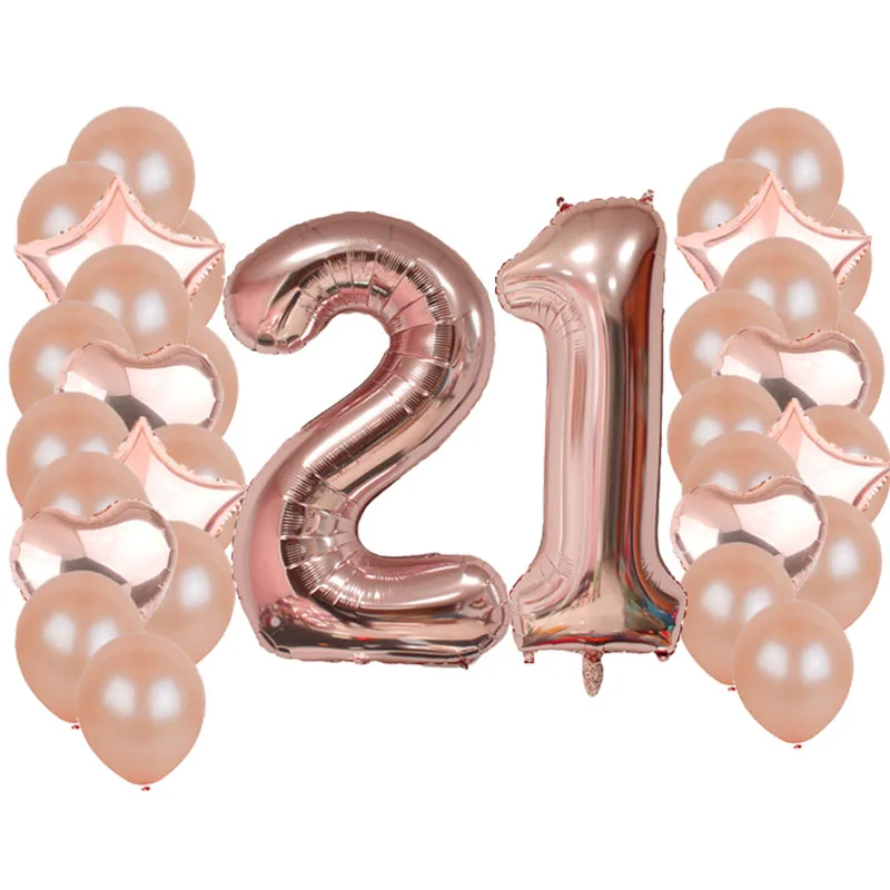 rose gold 21 40-дюймовый светодиод номер Фольга воздушные шары, украшенное мозаикой из драгоценных камней, 12 дюймов латексные шары и 18 дюймов вышивка «звёздочки» или «бриллианты» шарами 21 30 40 50 60 день рождения вечерние украшения - Цвет: rose gold 21