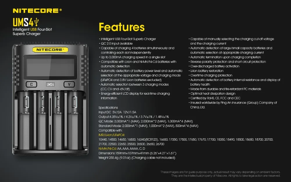 NITECORE UMS2 UMS4 интеллектуальное зарядное устройство USB выход 3A для LiFePO4 литий-ионный