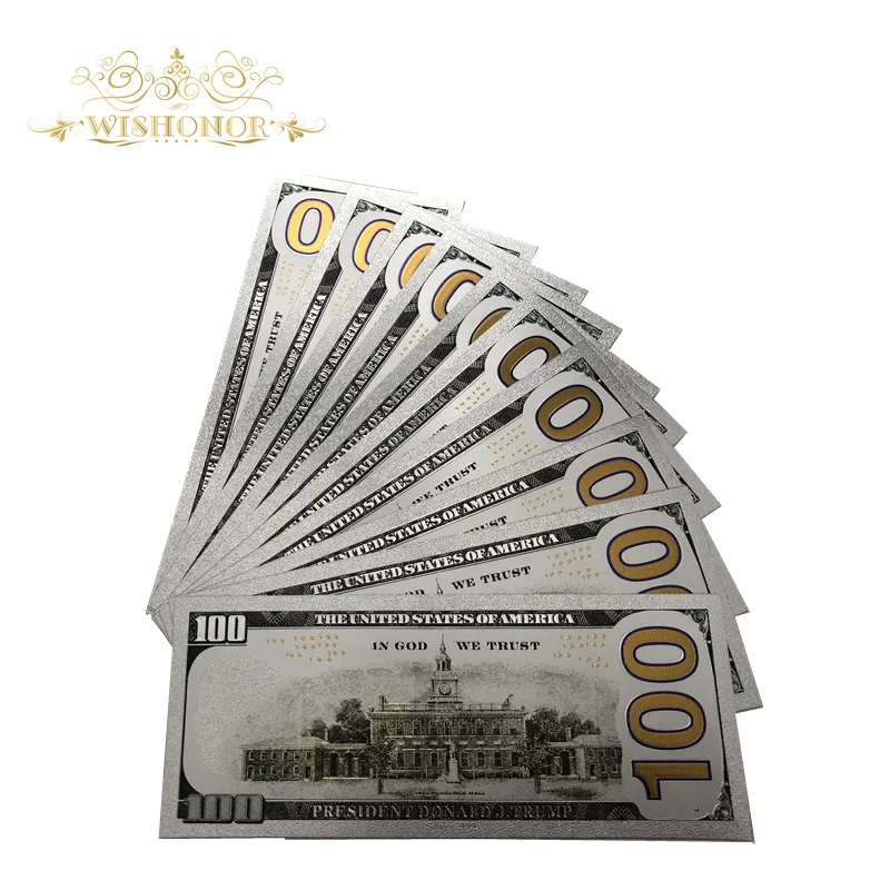 

10Pcs/Lot Hot Sales Silver USA Trump Banknotes 100 Dollar Bills Banknote in 24K Gold Silver Plated Paper Money For Gifts