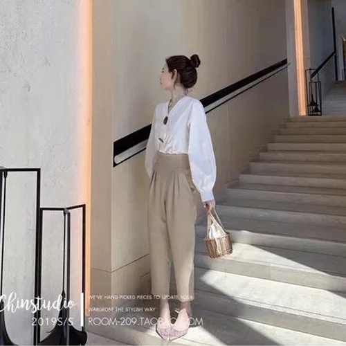 Женский комплект из 2 предметов: рубашка с длинным рукавом и треугольным вырезом