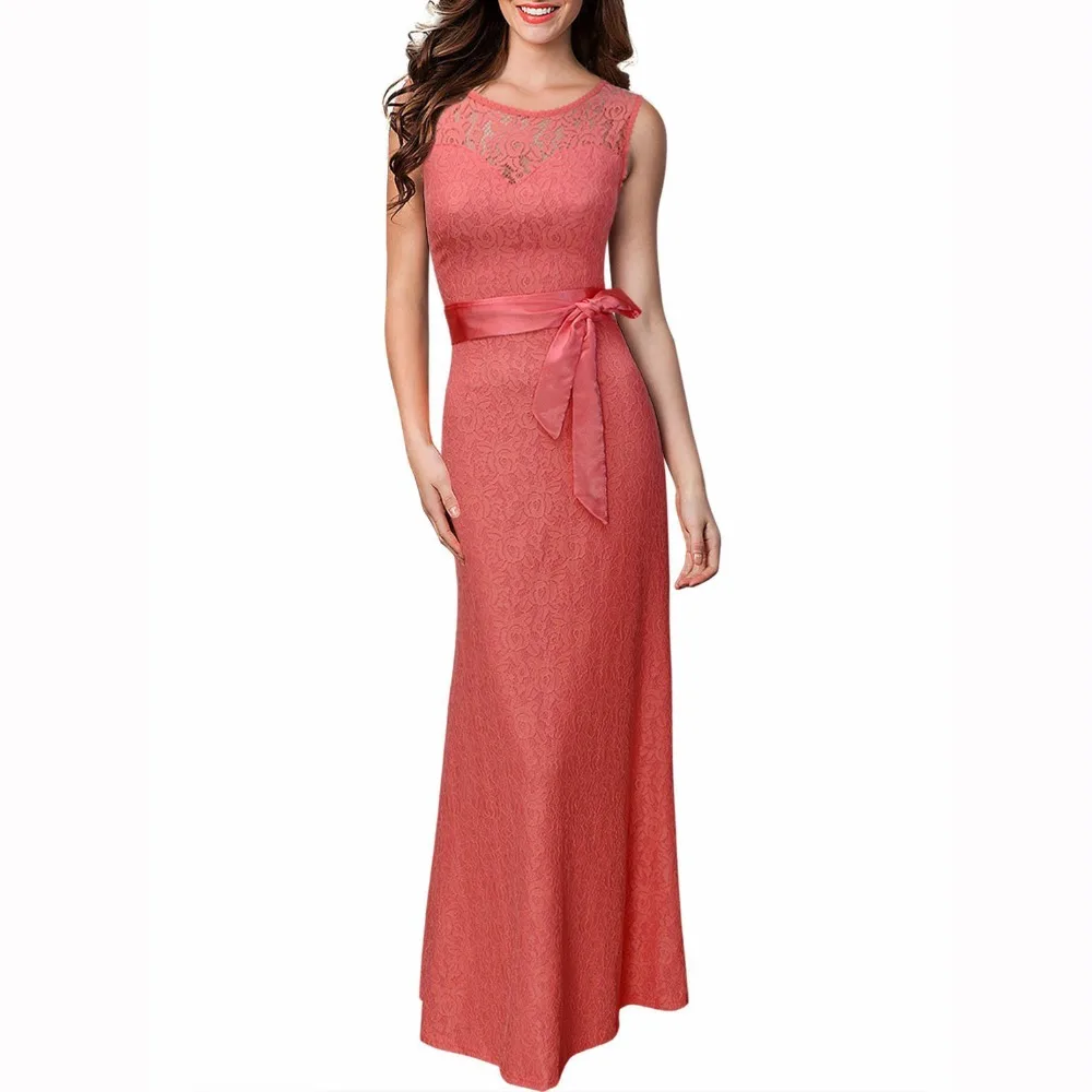 Женское кружевное платье туника длинное вечернее с О образным вырезом без