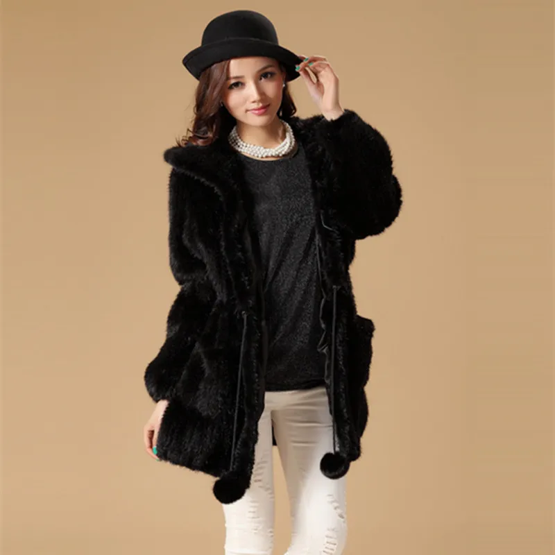 TopFurMall) Женский настоящий вязаный норковый мех с капюшоном Тренч пальто куртка женское меховое пальто женское пальто тонкая талия VK1413