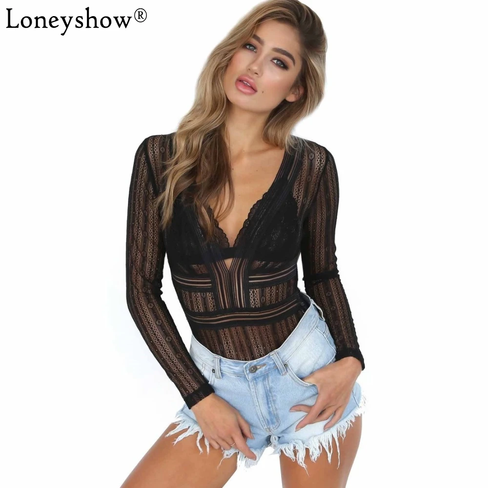 6 Colors Sexy deep V Neck Lace Bodysuit Women Mesh Hollow Cut Backless Long Sleeve Stretch Black Jumpsuit Summer 2018 | Женская одежда