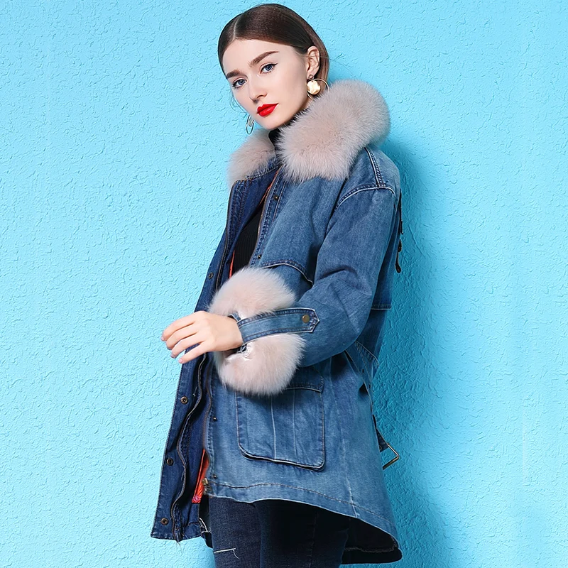 Женское длинное пальто с воротником из натурального Лисьего меха зимняя куртка