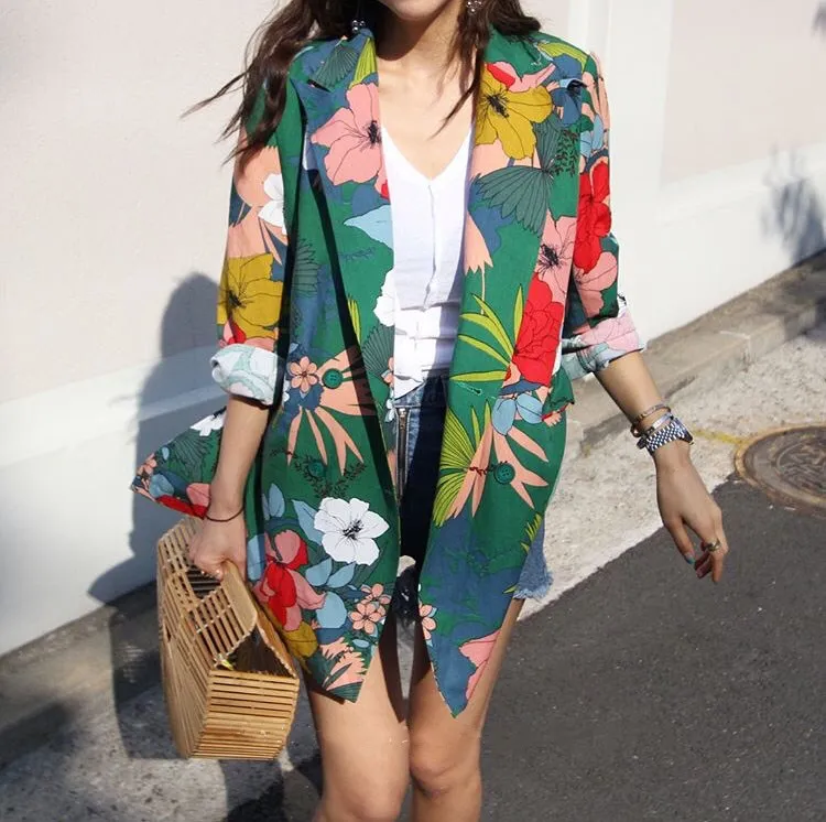 Новый южнокорейский длинный костюм с принтом Dongdaemun Куртка Свободного Покроя