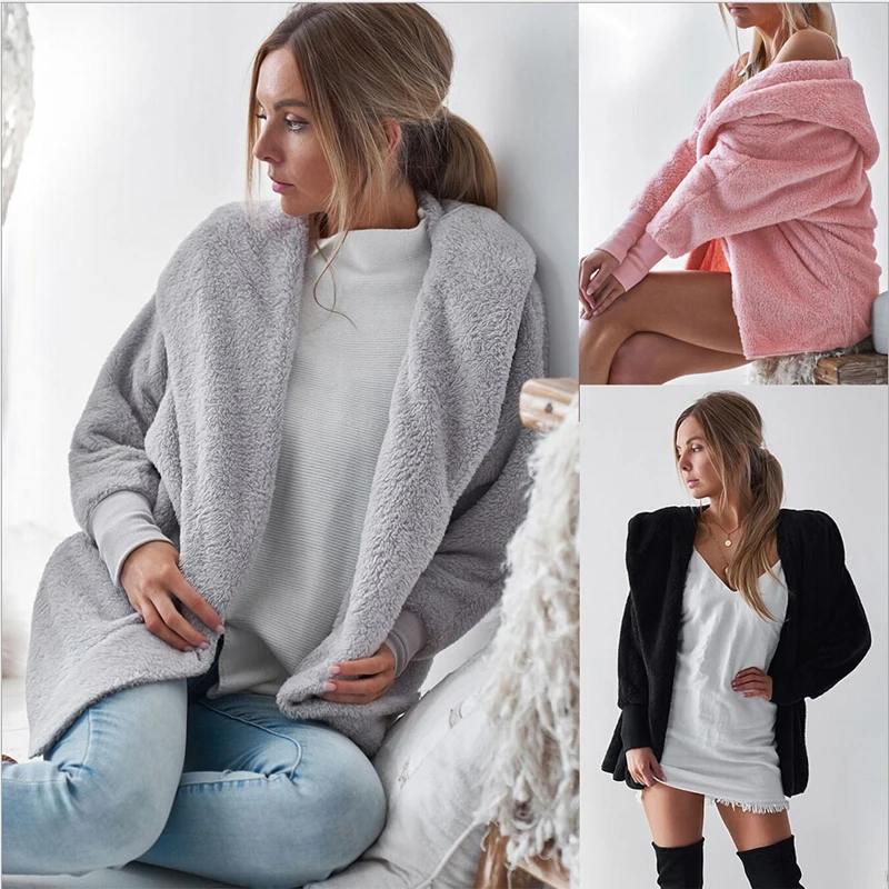 

Женское пушистое пальто из искусственного меха, теплая верхняя одежда с капюшоном и плюшевой подкладкой, розовый Свободный кардиган, однот...
