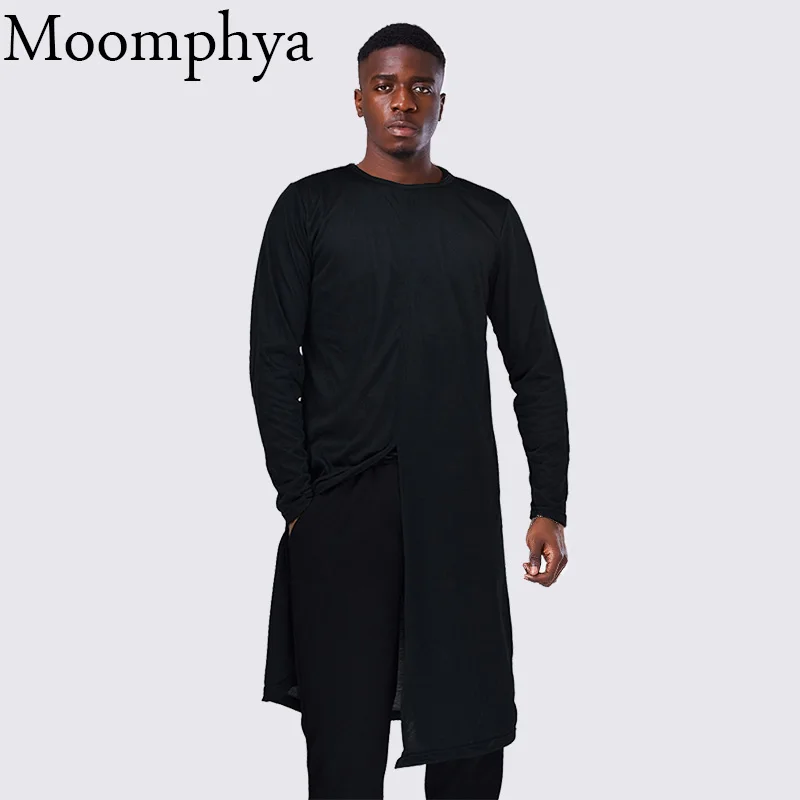 Moomphya новая осенняя мужская удлиненная средняя сплит Футболка удлиненная длинная средняя разрезная хип-хоп Футболка модная уличная одежда футболка мужская