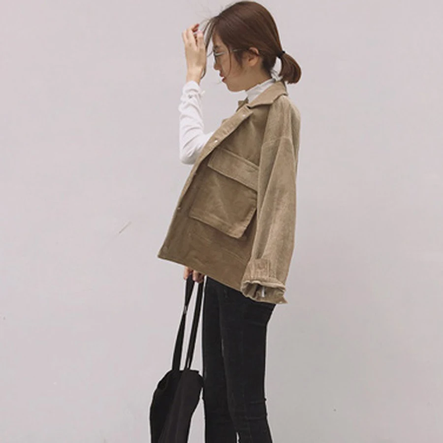 Autumn Corduroy Jacket Women Vintage Coats New Female Casual Long Sleeve Jackets Ladies Cardigan Black Winter Clothing Girls