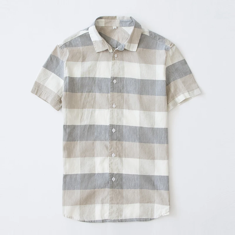 

2018 New design short sleeve Plaid linen shirts men summer casual men shirt loose size breathable flax mens shirt chemise
