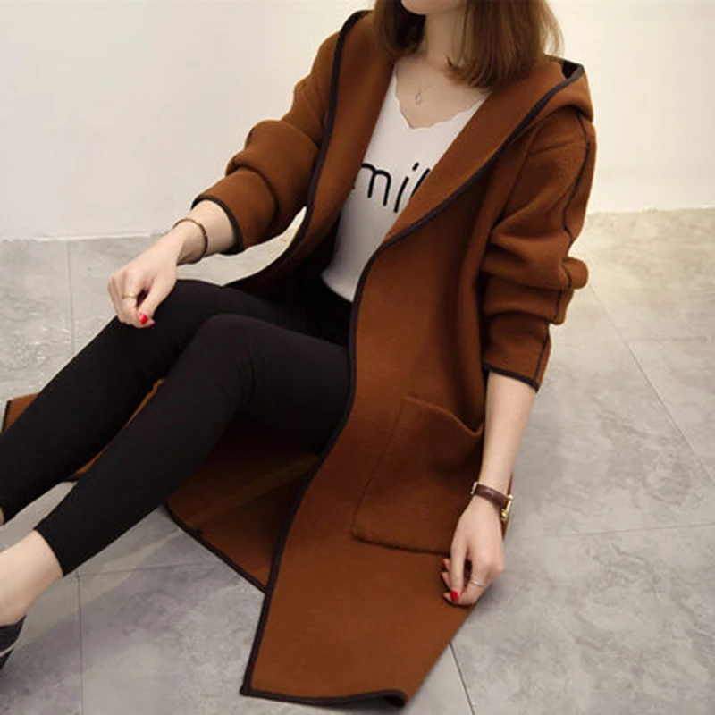 New Women Spring Autumn Thick Knitted Sweater with Hood 2018 Korean Ladies Long Sleeve Loose Coat Cardigan Outwear F359 |