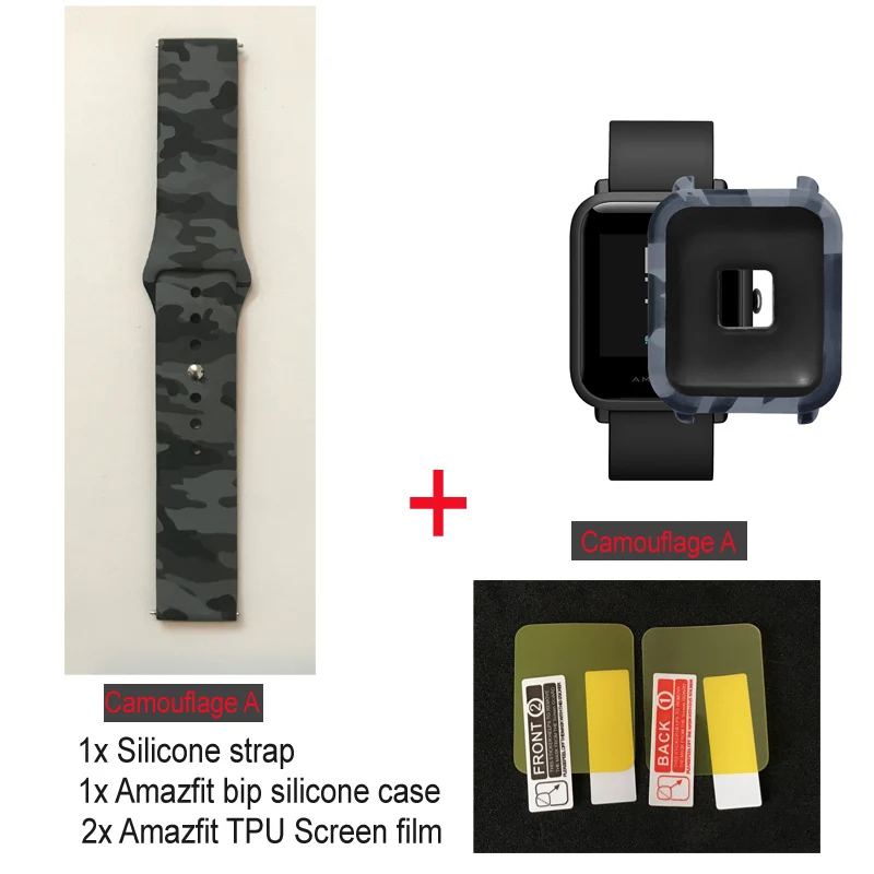 Camouflage A-A Case 4в1/упаковка Силиконовые мягкие ремни для Amazfit Bip ремешок для часов резиновый чехол для Xiaomi Huami Amazfit браслет водонепроницаемый ремешок для часов - Цвет: Camouflage A-A Case