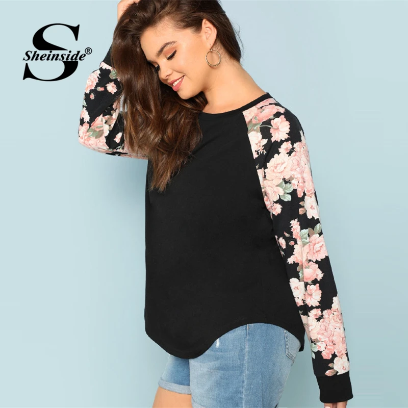 Sheinside размера плюс, черная женская футболка с круглым вырезом, цветочный реглан, рукав, топы, осень, женская одежда с длинным рукавом, футболка