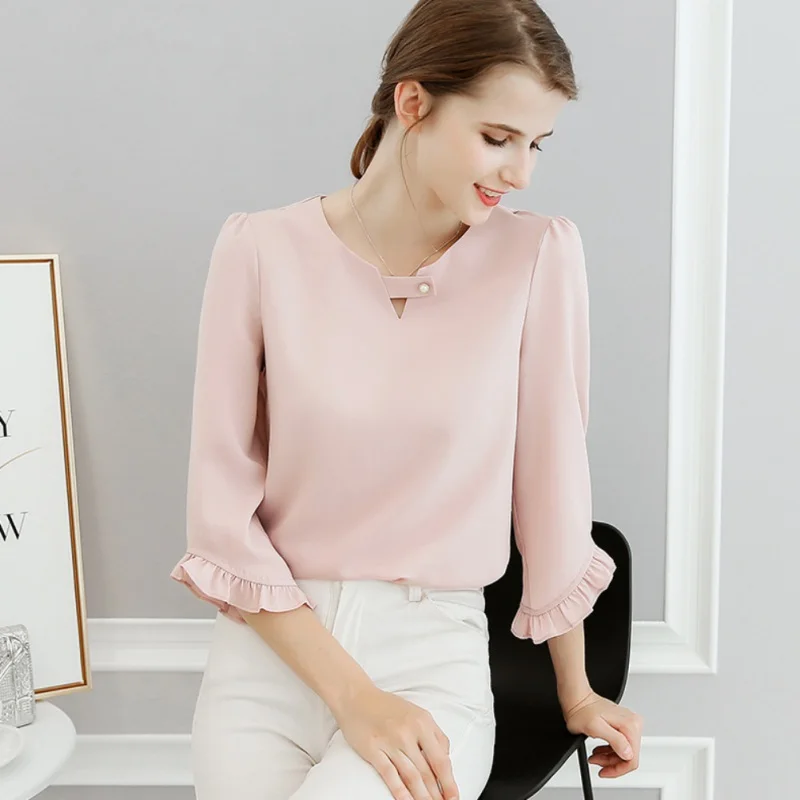 Осенняя шифоновая блузка OL с оборками и рукавами женская элегантная Однотонная
