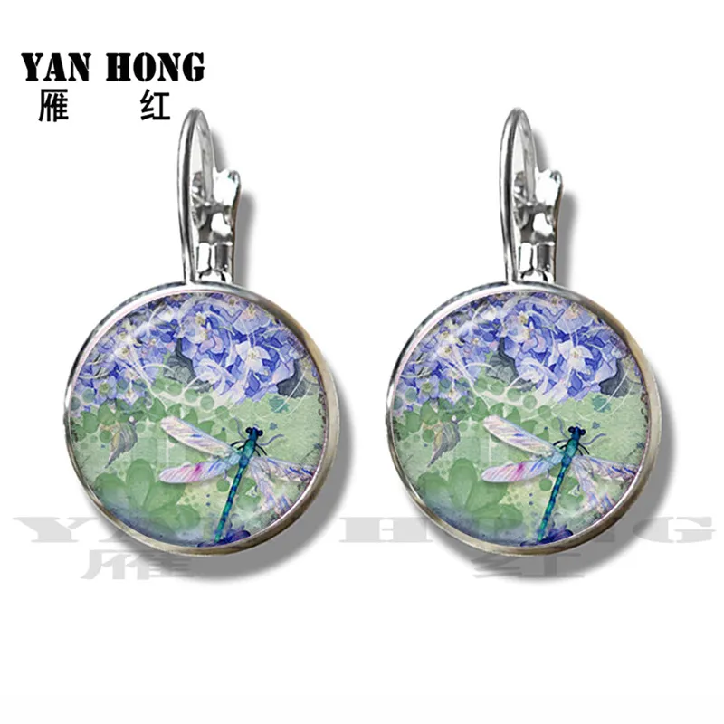 Классические серьги гвоздики с изображением стрекозы 16 мм стеклянный кабошон