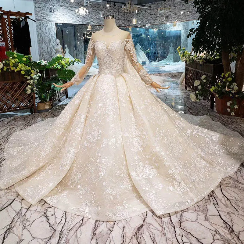 as picture LS20479 простое винтажное свадебное платье с вуалью, длинным рукавом, пуговицей сзади, круглым вырезом, шампанского, свадебное кружевное платье, свадебное платье - Цвет: as picture