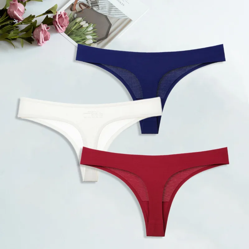 Red-White-Navy blue Шелк льда стринги для женский сексуальный бесшовный стринги трусики хлопок женское нижнее белье девушки бикини женские трусы нижнее белье 3 шт./компл - Цвет: Red-White-Navy blue