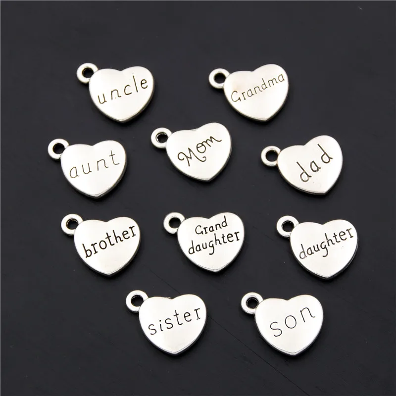 

15pcs Silver Color Mom Dad Son Heart Charms Family Member Pendants Bracelet Necklace Festival Jewelry Making Accessories DIY