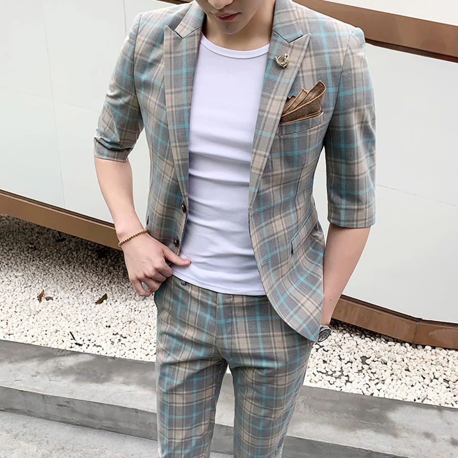 Мужской Клетчатый костюм с рукавом до локтя пиджак двумя пуговицами приталенный