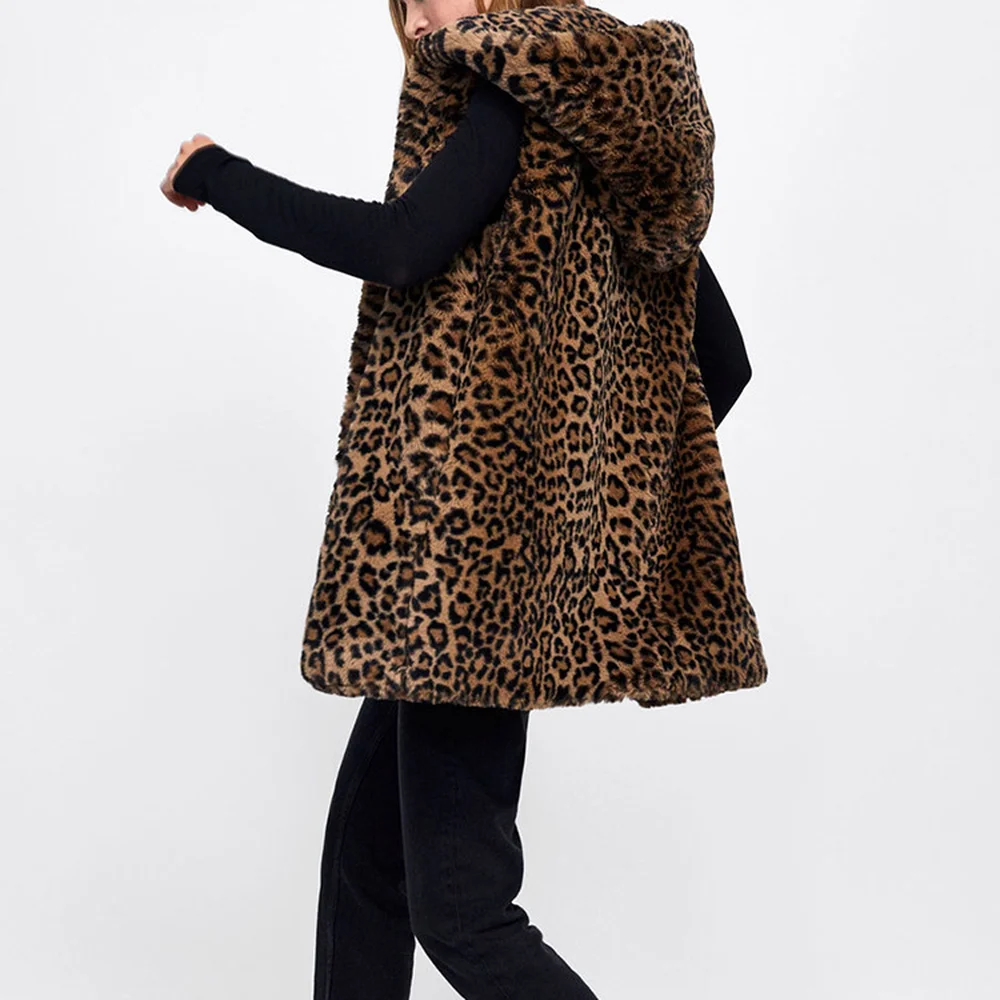LXMSTH/осенний Леопардовый жилет с капюшоном из искусственного меха Женская куртка