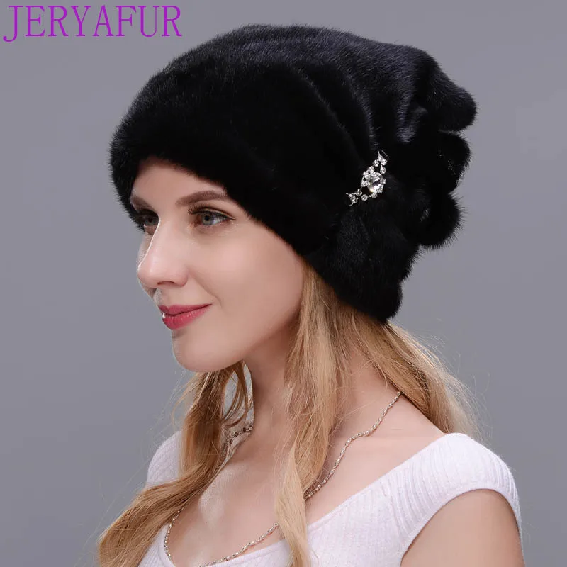 COLOR001 JERYAFUR, русская зима, женская теплая и теплая шапка из меха норки, шапка ручной работы, зимняя шапка, декоративная шапка, Лыжные шапки - Цвет: COLOR001