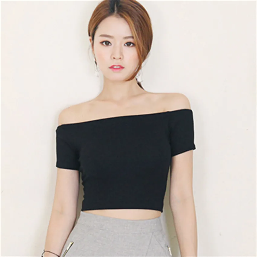 

Women Sexy New Summer Strapless Short Word Shoulder T-shirt Female Short-sleeved T-shirt Ladies Slim Cotton Tees Tops WZ096