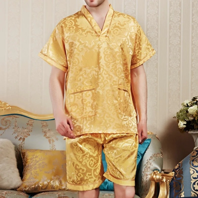 Мужская рубашка с короткими рукавами и цветочной вышивкой полубрюки пижама