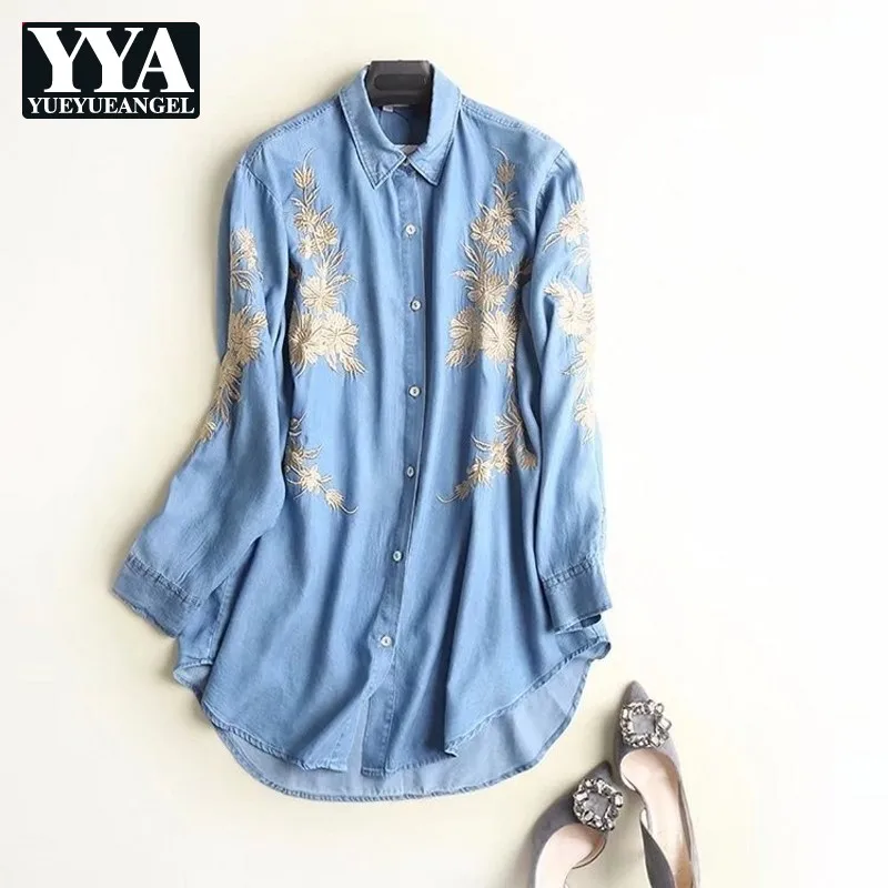 Летняя джинсовая рубашка с вышивкой женская элегантная офисная блузка длинным