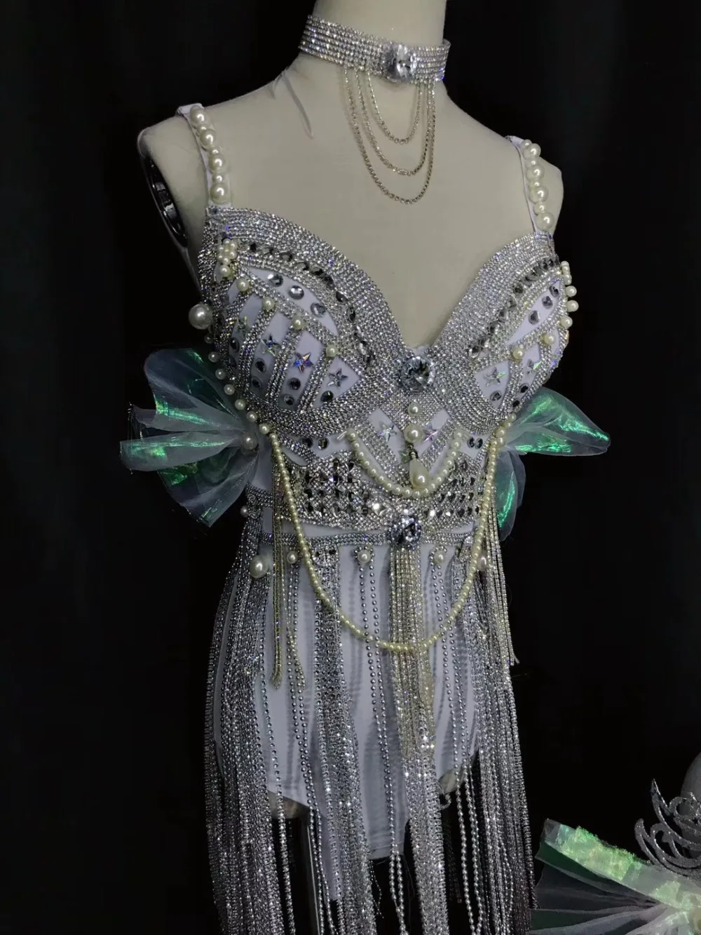 White Beading tassels Bodysuit Sparkling Crystals Sling bodysuit Sexy Bar DJ female singer performance outfit Model show Costume