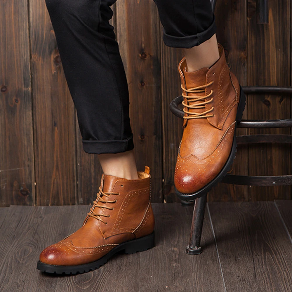 QFFAZ Retro Men Boots Pointed Toe Oxford Brogue Dress Shoes men's leather shoes lace up sapato masculino em couro | Обувь