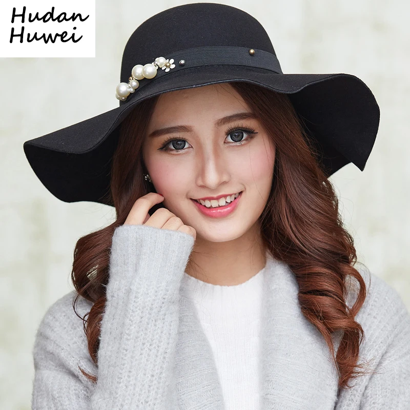 

Autumn Winter Hats Caps for Women Fashion Wool Felt Fedora Hat with Pearl Ladies Girls Wide Brim Top Hats Dome GH-209
