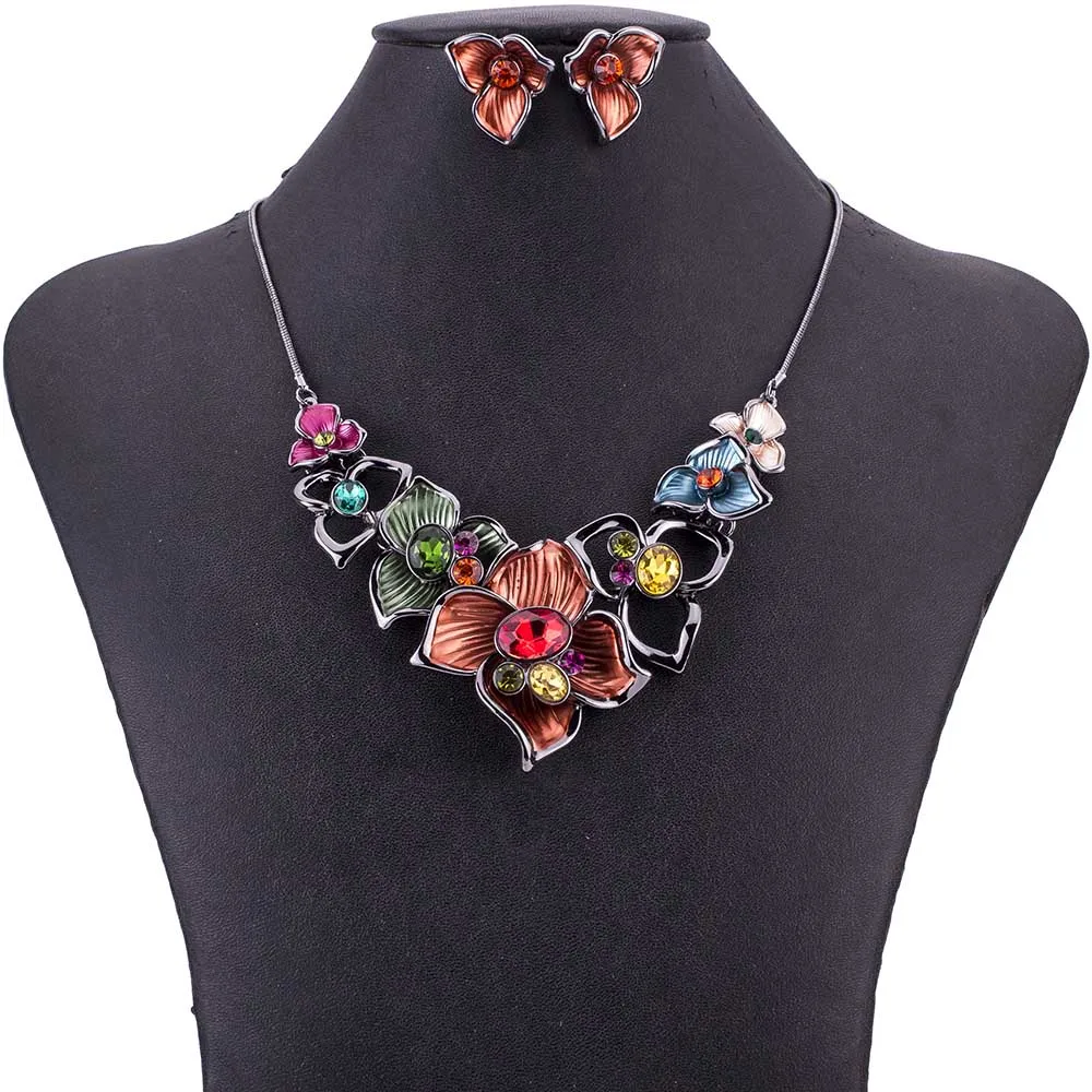 

MS1505005 Fashion Jewelry Sets Rose Design High Quality Woman's Necklace Earring Set Lead&Nickle Free Party Gifts Rainbow Color