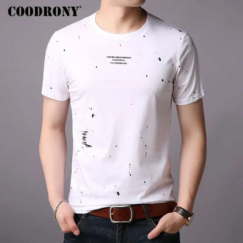 COODRONY, хлопковая Мужская футболка, модная, в горошек, с коротким рукавом, футболка для мужчин, лето, новая уличная одежда, повседневная, с круглым вырезом, футболка Homme S95008 - Цвет: Белый