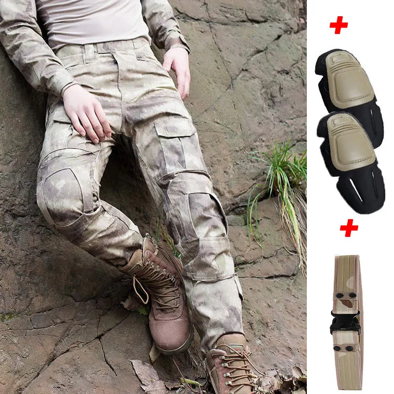 Pants With Pads belt Военные тактические брюки мужские Мульти карманные Панталоны лягушка КАРГО КАМУФЛЯЖ рабочие брюки армейский Охотник SWAT Combat CS Брюки наколенники - Цвет: Pants With Pads belt